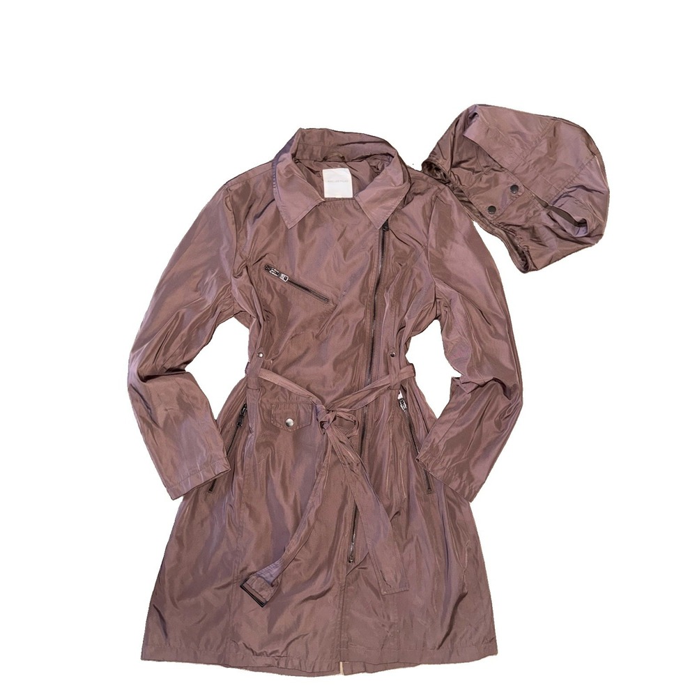 Avec Les Filles Women's Belted Hooded Moto Trench-coat  Brown Women Size L NWOT